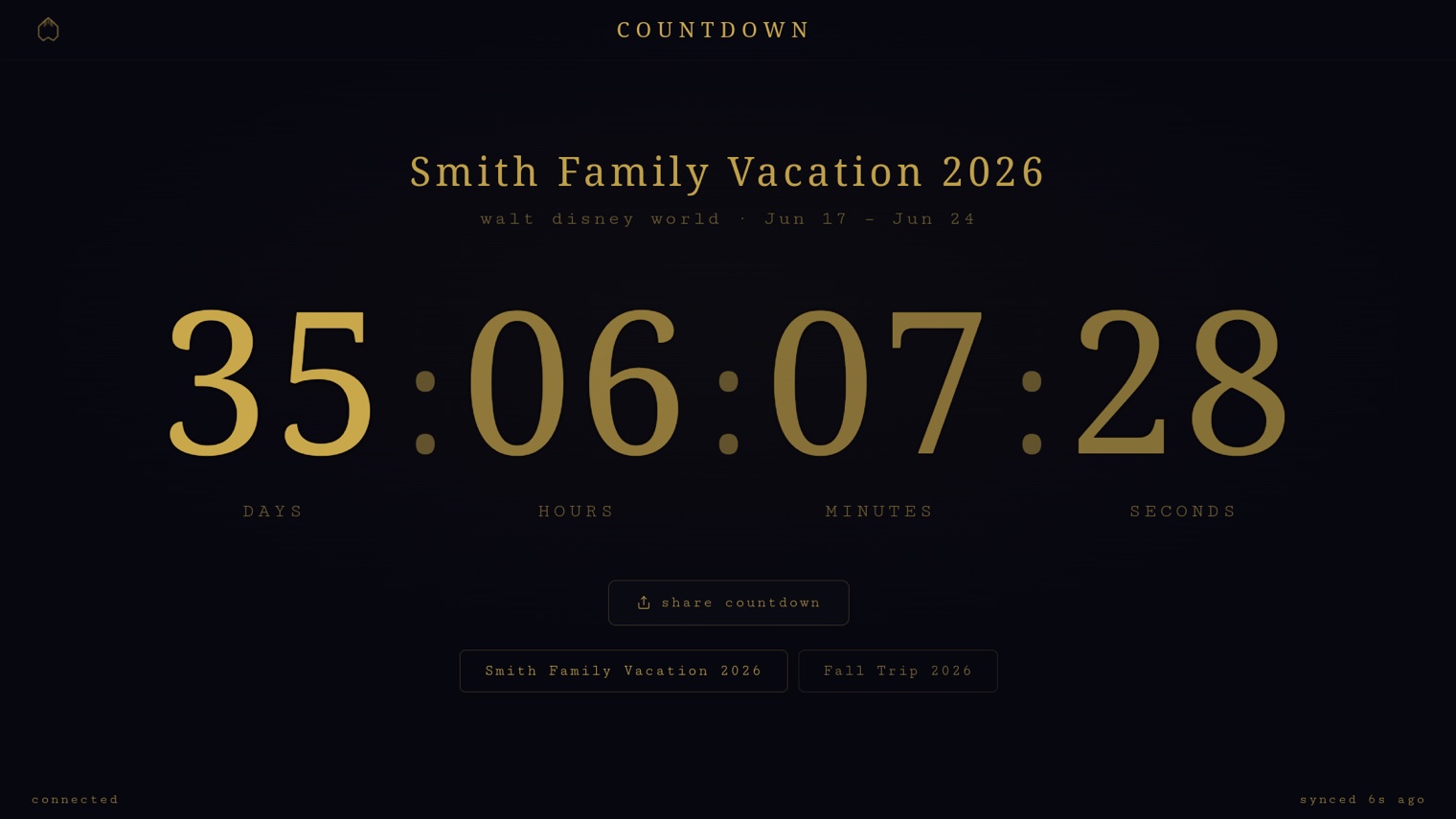 Trip countdown — live ticking timer showing days, hours, minutes, and seconds until next vacation